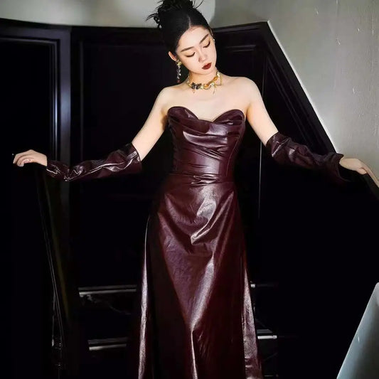 Burgundy Leather Skirt Evening Gown with Sleeves