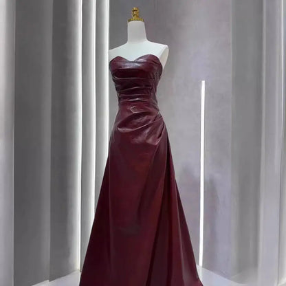 Burgundy Leather Skirt Evening Gown with Sleeves
