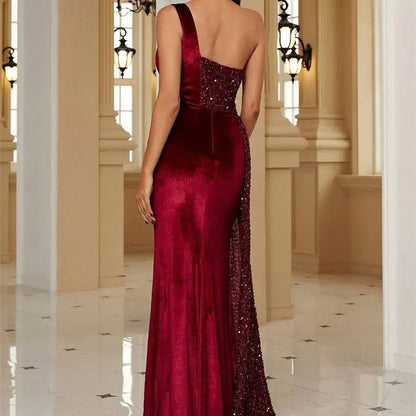 Burgundy Velvet Sequin Host Single Strapless Evening Dress