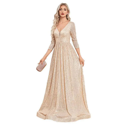 Champagne Sequined High Waist Party Formal Dress