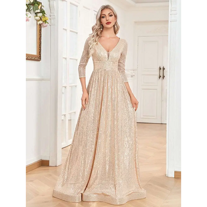 Champagne Sequined High Waist Party Formal Dress