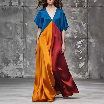 Color Block Round Neck Loose Short Sleeves Maxi Dress