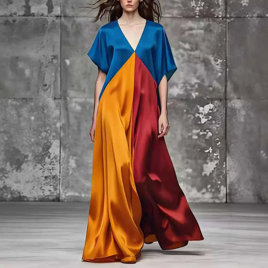 Color Block Round Neck Loose Short Sleeves Maxi Dress