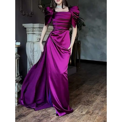 Elegant Puff Sleeve Pleated Slit Magenta Maxi Dress
