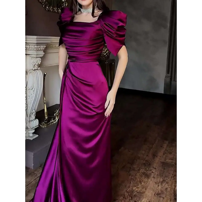 Elegant Puff Sleeve Pleated Slit Magenta Maxi Dress