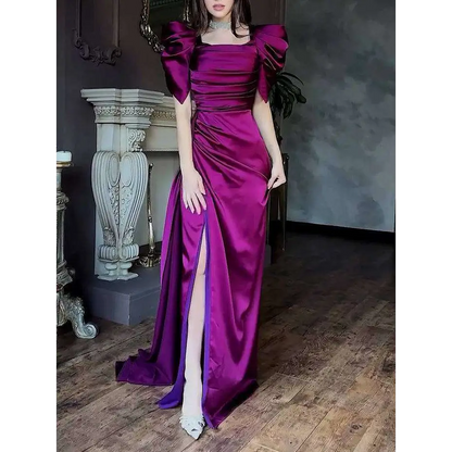 Elegant Puff Sleeve Pleated Slit Magenta Maxi Dress