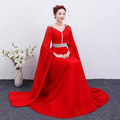 Elegant Red Long Guzheng Performance Dress
