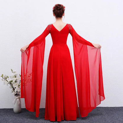 Elegant Red Long Guzheng Performance Dress