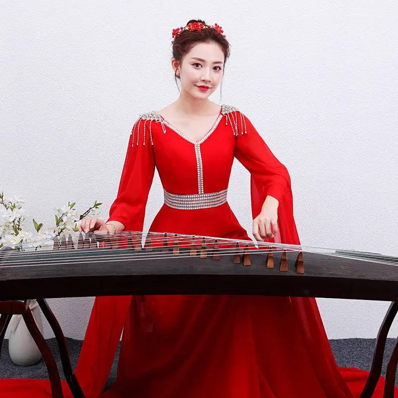 Elegant Red Long Guzheng Performance Dress