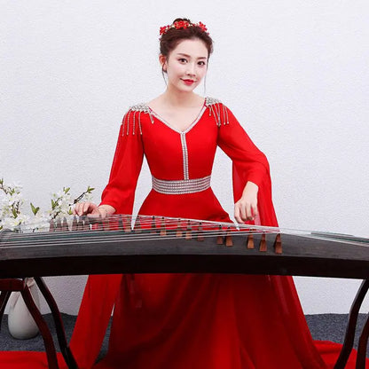 Elegant Red Long Guzheng Performance Dress