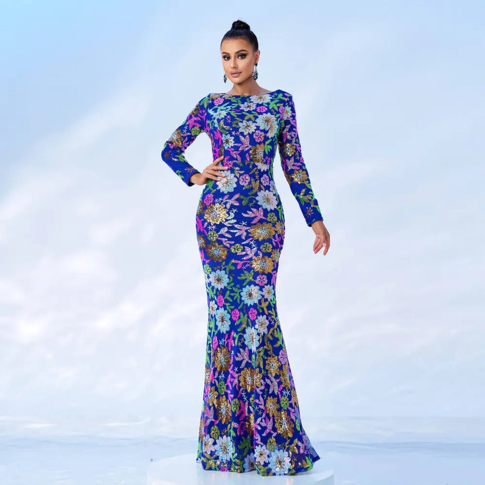 Embroidered Floral Long Sleeve Evening Gown