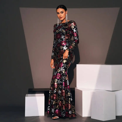 Embroidered Floral Long Sleeve Evening Gown