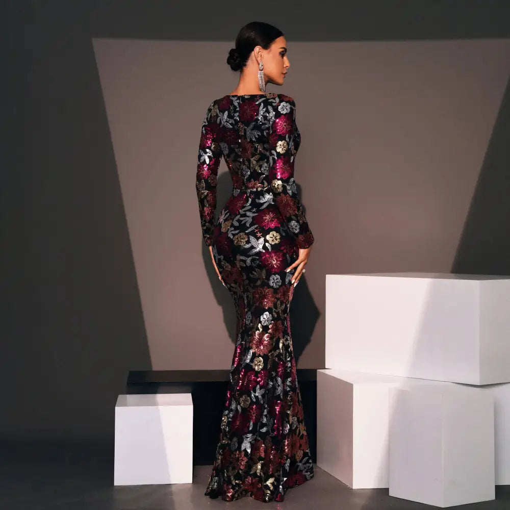 Embroidered Floral Long Sleeve Evening Gown