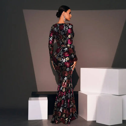 Embroidered Floral Long Sleeve Evening Gown