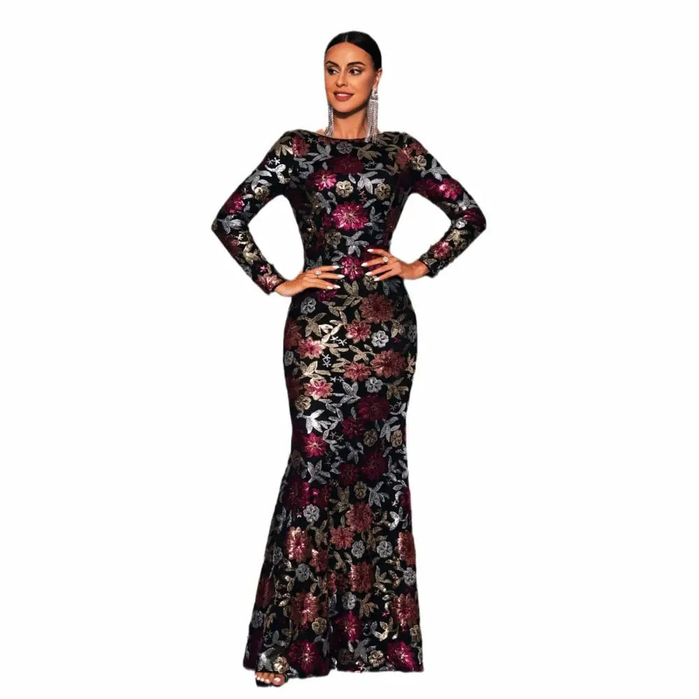 Embroidered Floral Long Sleeve Evening Gown