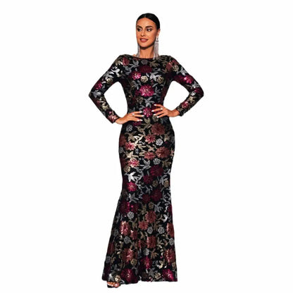 Embroidered Floral Long Sleeve Evening Gown