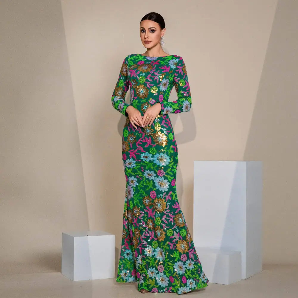 Embroidered Floral Long Sleeve Evening Gown