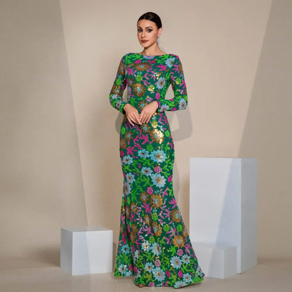 Embroidered Floral Long Sleeve Evening Gown