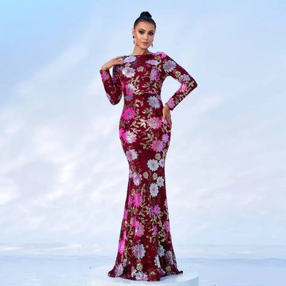 Embroidered Floral Long Sleeve Evening Gown