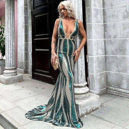 Emerald Gold Geometric Sequin Evening Dress
