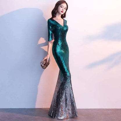 Emerald Green Polyester Fiber Sequined Annual Meeting Gown