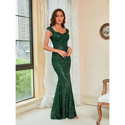 Emerald Green Suspenders Mid Waist Sequin Gown