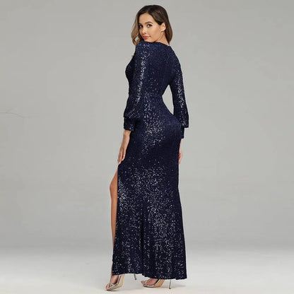 Fantasy Celebrity Sexy High Slit Sequined Evening Dress