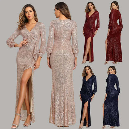 Fantasy Celebrity Sexy High Slit Sequined Evening Dress