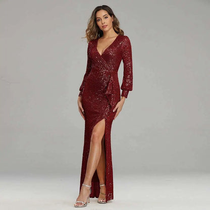 Fantasy Celebrity Sexy High Slit Sequined Evening Dress