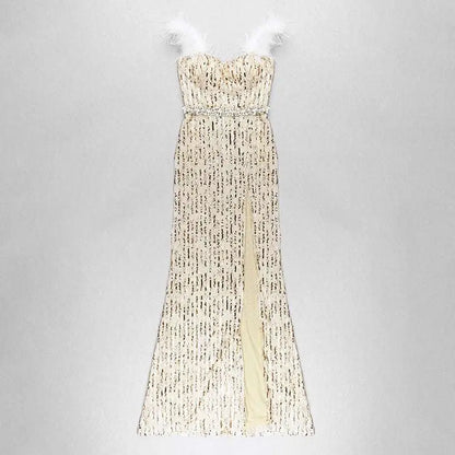 Feather Raglan Large Slit Sexy Sequin Evening Dress