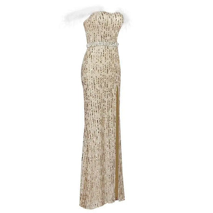 Feather Raglan Large Slit Sexy Sequin Evening Dress