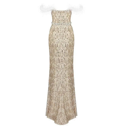 Feather Raglan Large Slit Sexy Sequin Evening Dress