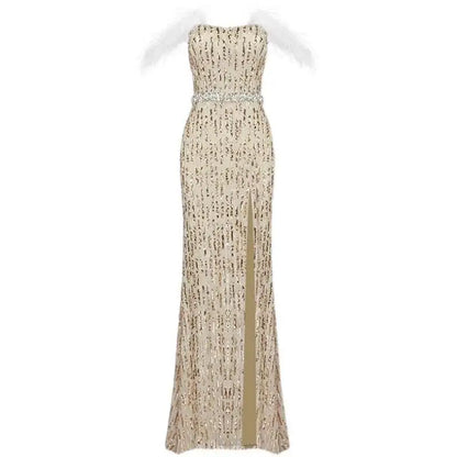 Feather Raglan Large Slit Sexy Sequin Evening Dress
