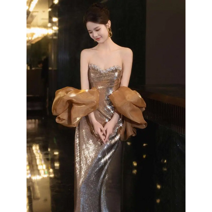 Gold Sequined Banquet Temperament Evening Dress