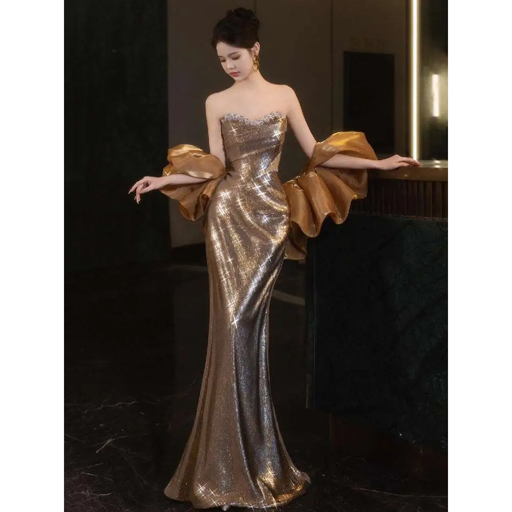 Gold Sequined Banquet Temperament Evening Dress