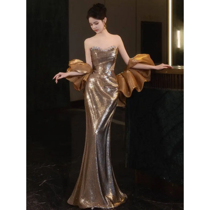 Gold Sequined Banquet Temperament Evening Dress