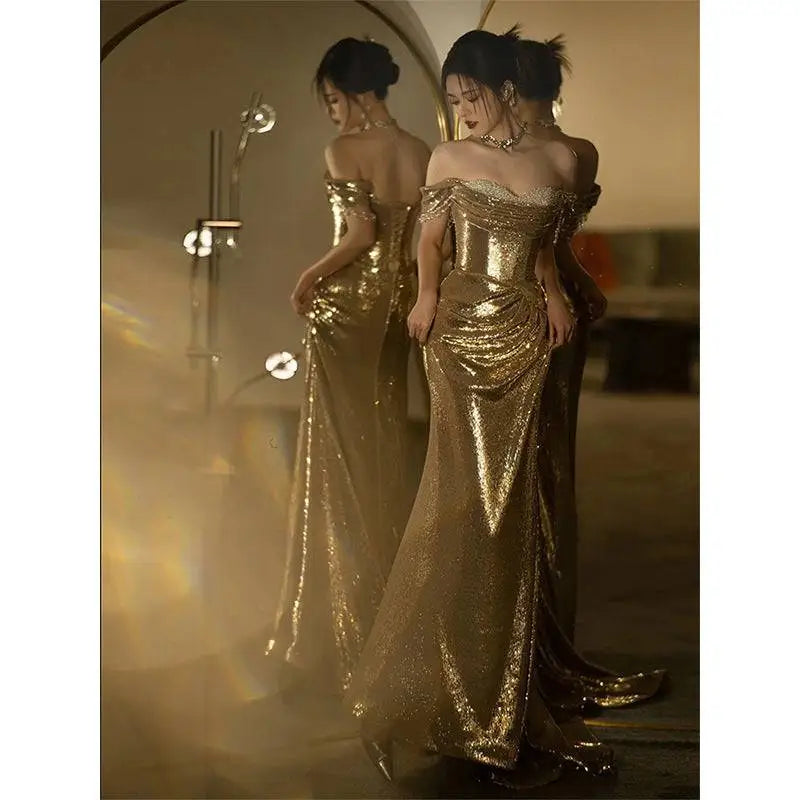 Gold Sequined Off-shoulder Dress Bridal Fishtail