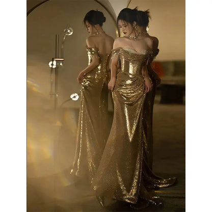 Gold Sequined Off-shoulder Dress Bridal Fishtail