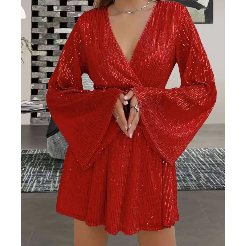 Gold V-Neck Sequin Waist Slimming Senior Party Dress