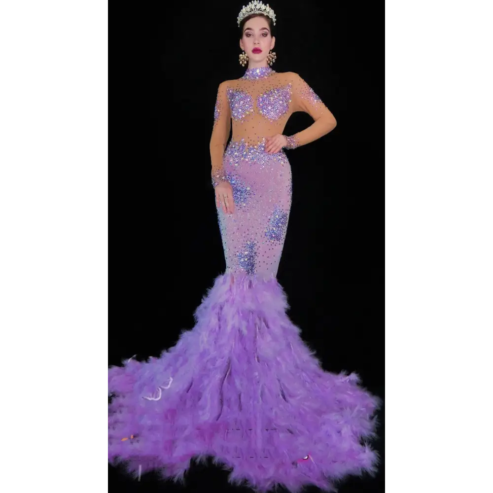 Lavender Diamond Feather Mesh Wrap Hip Dress