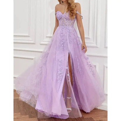 Lavender Lace Red Carpet Runway Off Shoulder Prom Dress