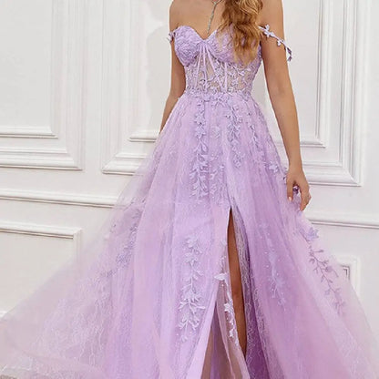 Lavender Lace Red Carpet Runway Off Shoulder Prom Dress
