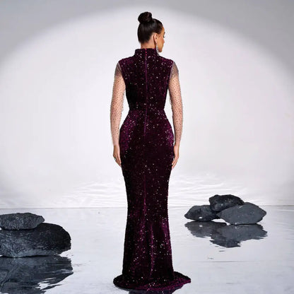 Long Sleeve Banquet Sequined Rhinestone Fishtail Dress