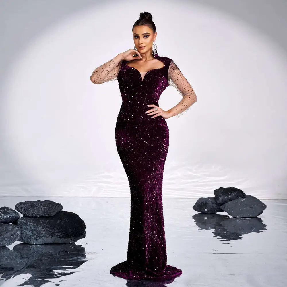 Long Sleeve Banquet Sequined Rhinestone Fishtail Dress