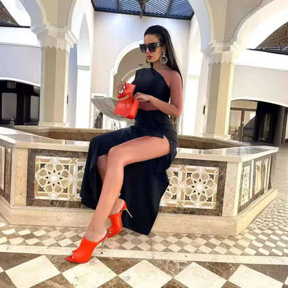 Long Sleeved Hollow Slit Elastic Shoulder Dress