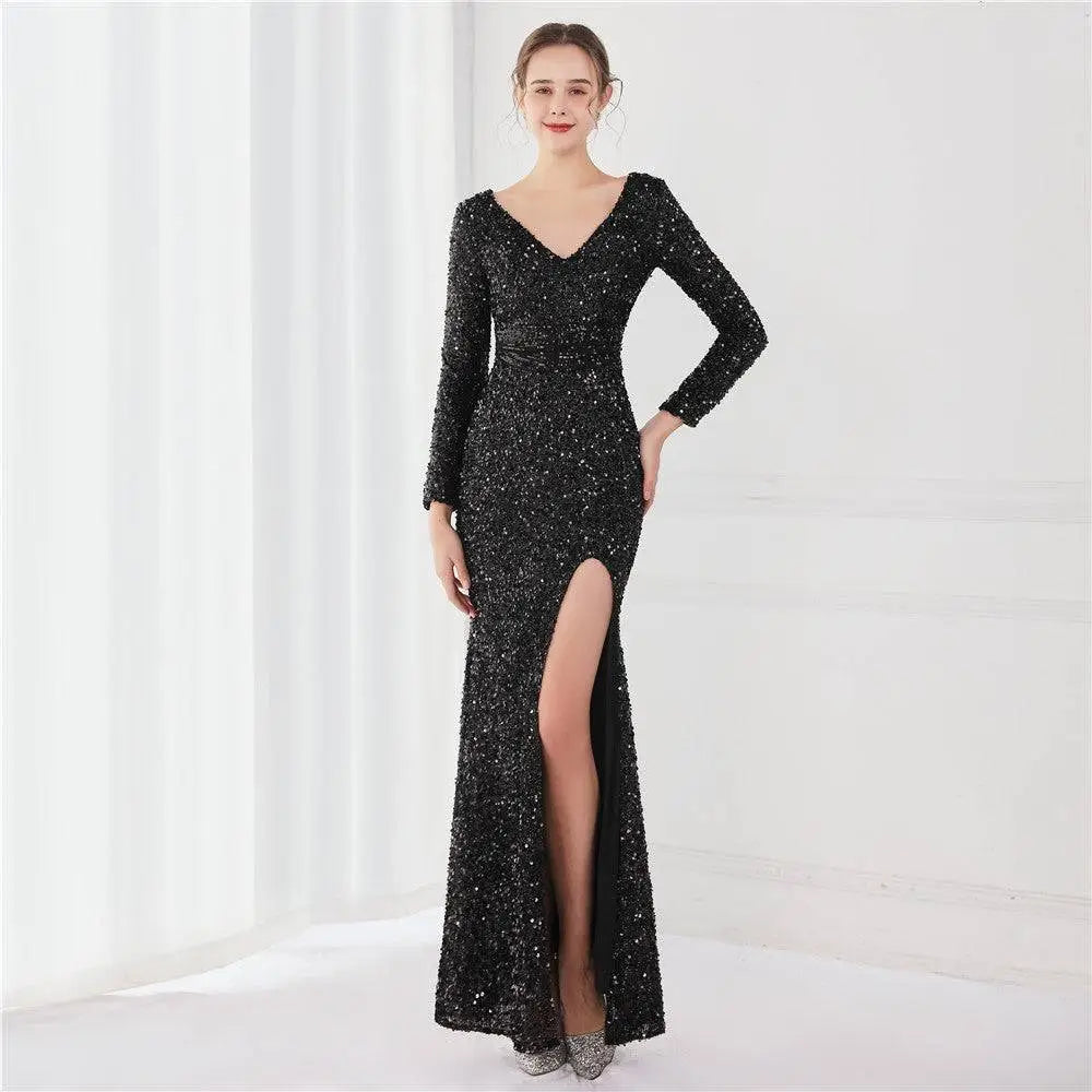 Navy Blue Long Sleeve Sequined Evening Dress