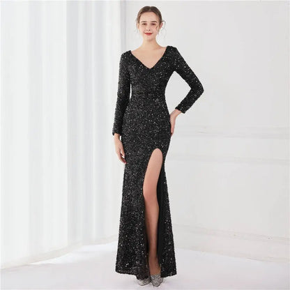 Navy Blue Long Sleeve Sequined Evening Dress