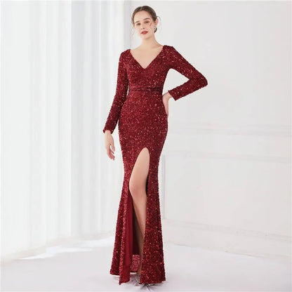Navy Blue Long Sleeve Sequined Evening Dress