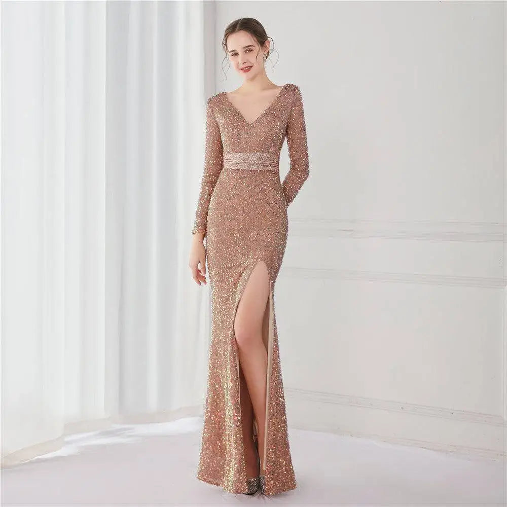 Navy Blue Long Sleeve Sequined Evening Dress