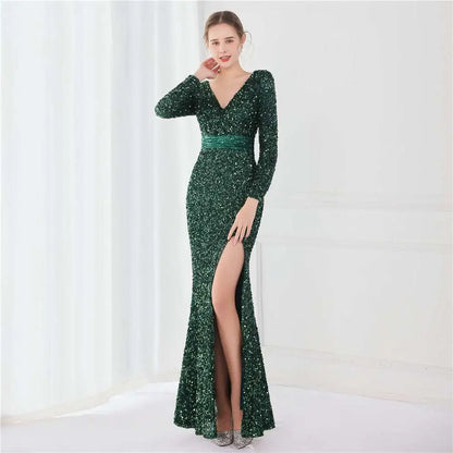 Navy Blue Long Sleeve Sequined Evening Dress